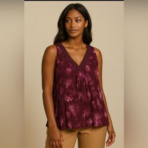 Denver Hayes maroon/mauve tiedye sleeveless top,V-neck,lace trim,button in back💜